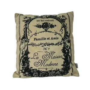 THRO BY MARLO LORENZ PILLOW FRENCH WORDING PILLOW CANVAS BEIGE BLACK